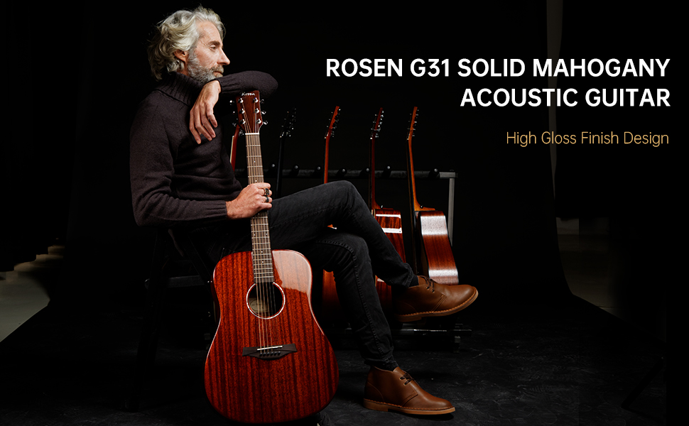 Акустична гітара Rosen G31 Dreadnought Black з махагоні, 41 дюйм, Cutaway, стартовий набір