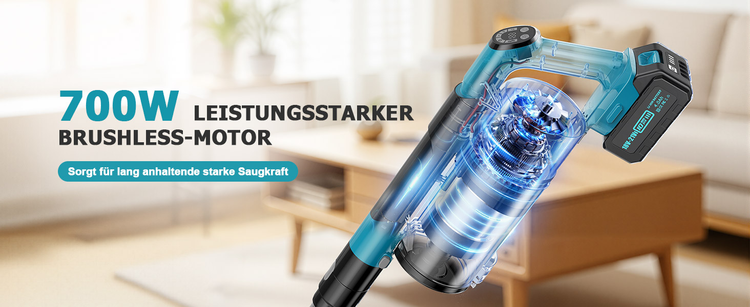 Бездротовий акумуляторний пилосос 700W з 2 акумуляторами 4.0 Ah, LED-дисплеєм, щіткою проти ковтунів, об'ємом 2L, синього кольору. Підходить для килимів, шерсті тварин та твердих підлог.