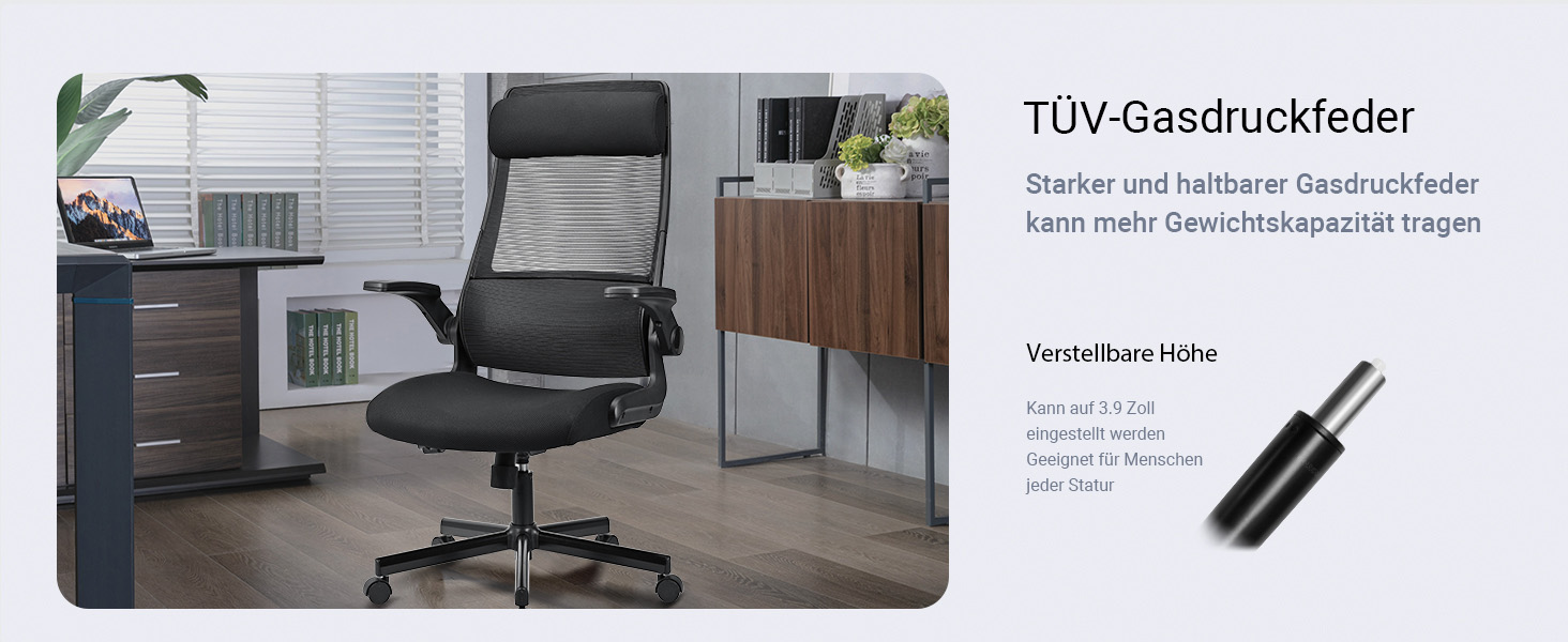 Ергономічне крісло для офісу з регульованою підголовником, офісне крісло з сітки, відкидні підлокітники, широке сидіння, функція гойдання, комп'ютерне крісло EN 1335, офісне крісло 200 кг, чорне