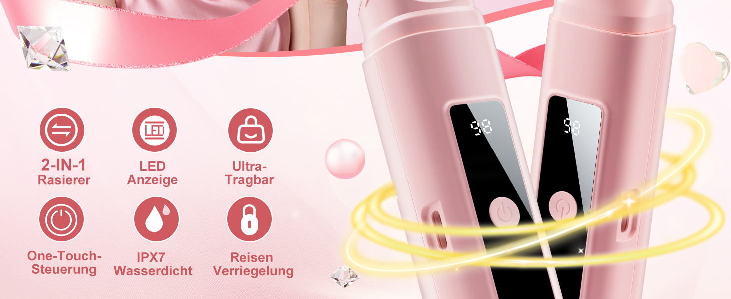 Електричний жіночий епілятор 2-в-1 Intimrasierer з LED-дисплеєм та IPX7 водонепроникністю, рожевий