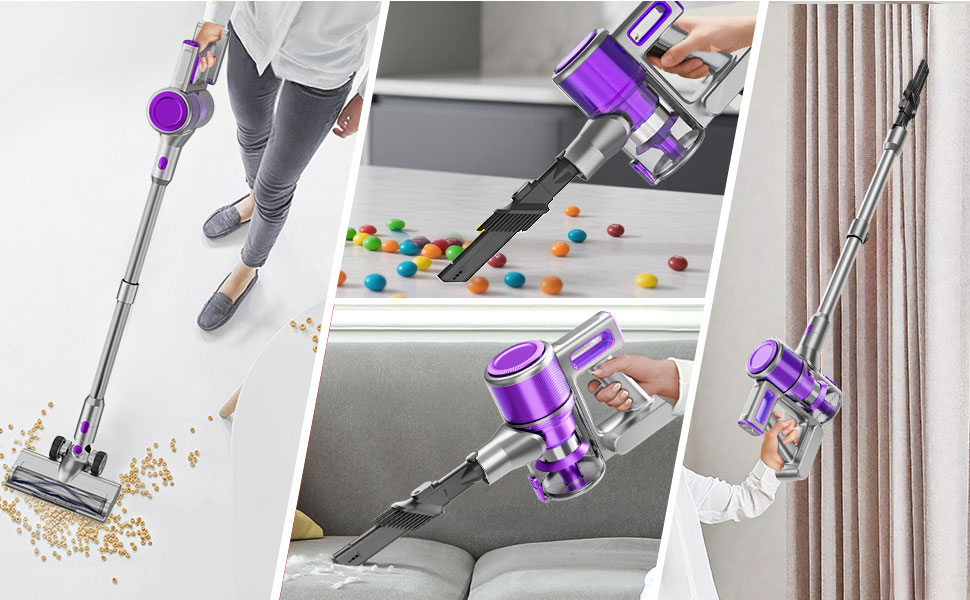 Бездротовий акумуляторний пилосос 35KPA/45Mins з LED-підсвічуванням, HEPA-фільтром та насадкою для підлоги, для тварин, килимів та твердих поверхонь, фіолетовий