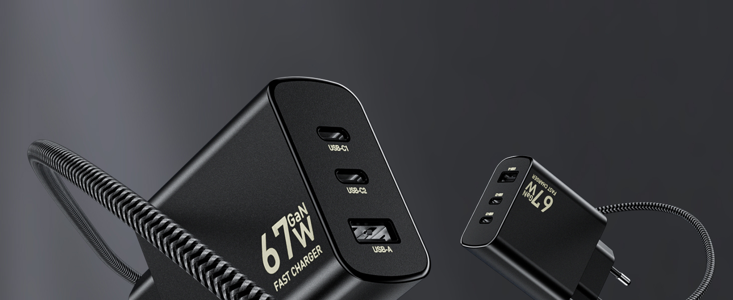 Зарядний пристрій USB-C 67W 3-Port PD PPS для MacBook, iPhone, Samsung Galaxy, iPad, Pixel - Чорний