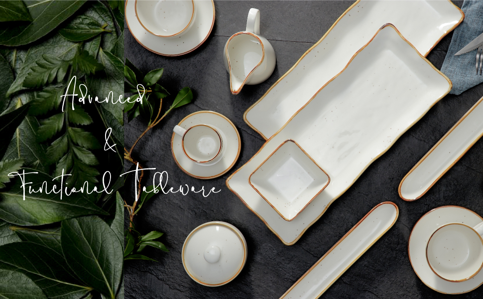 ONEMORE Porcelain Serving Platter Set - Rectangular 2-Piece Set, 38 cm Serving Tray, Long Serving Plates, Small Dinner Plates for Dessert, Cake, Sushi, Salad, Antipasti