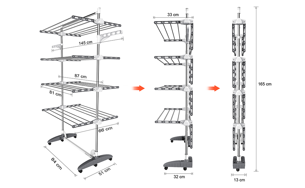 Турбо сушарка для білизни Todeco з нержавіючої сталі, 4 яруси, мобільна, сіра