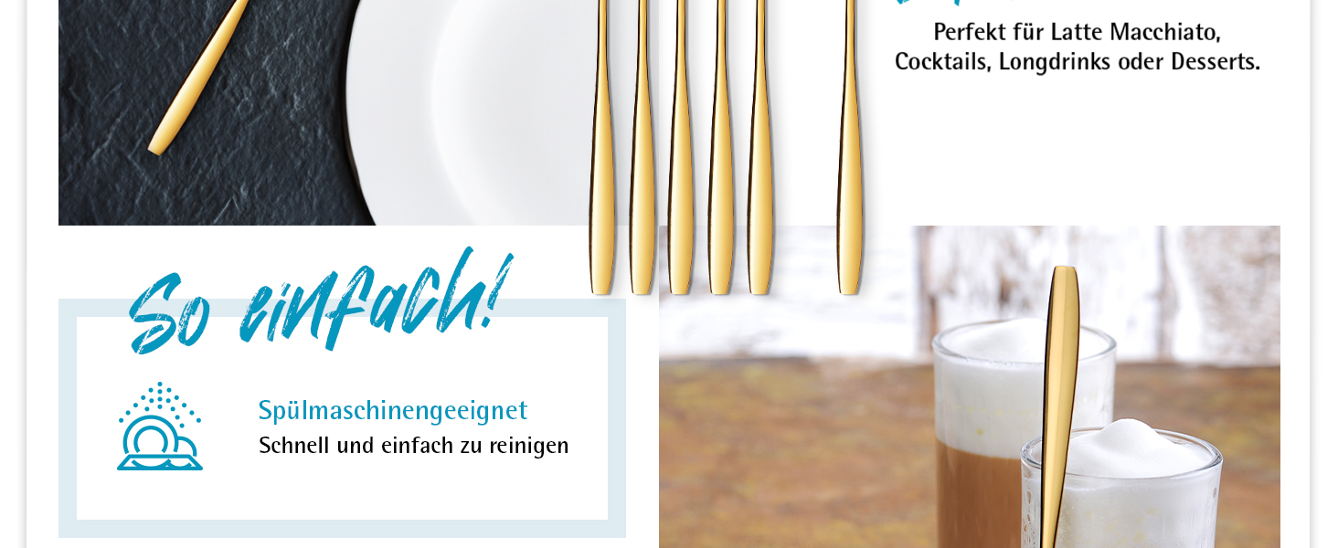 Льодогенератор та ложка для лате-макіато Gräwe з нержавіючої сталі, довга ложка для кави, десертів та холодного чаю, придатна для миття в посудомийній машині, золотиста