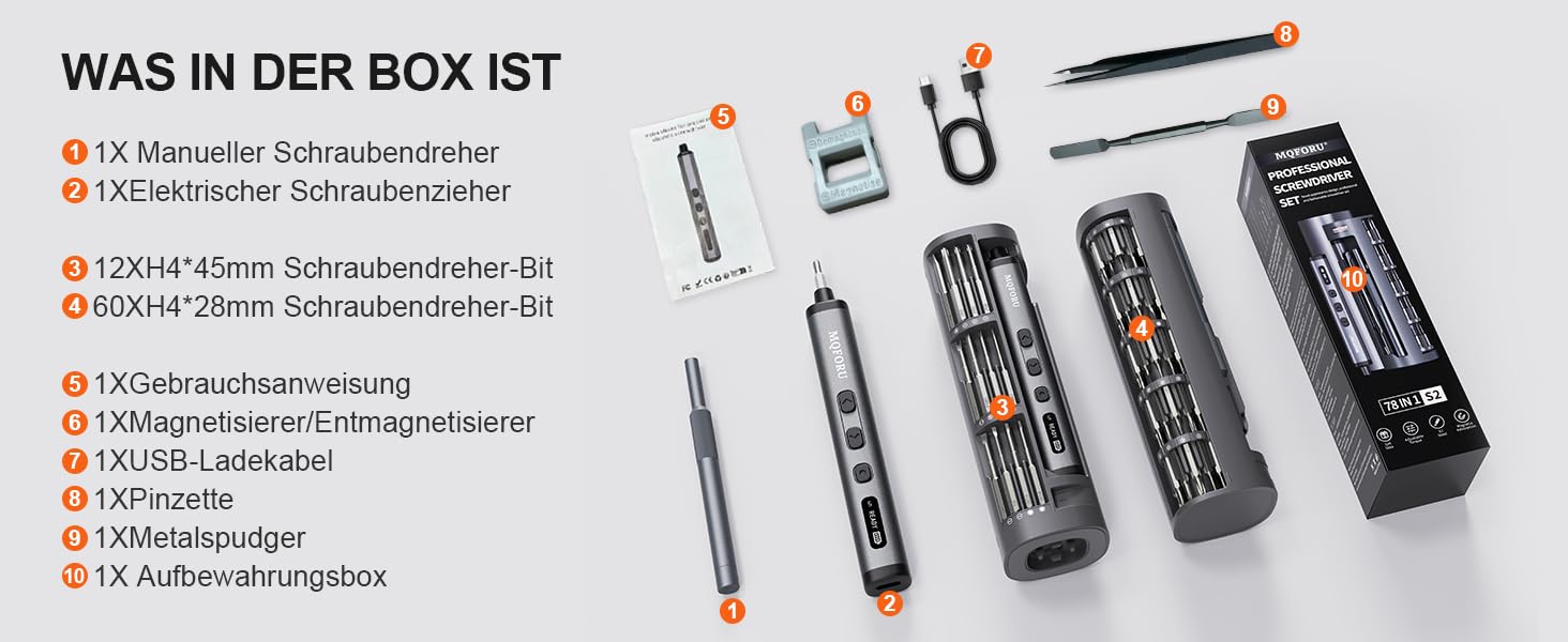 Набір мініатюрних електричних викруток MQFORU 78 в 1 з 72 бітами, 5 режимів крутного моменту, LED-підсвічуванням для ремонту телефонів, годинників, камер