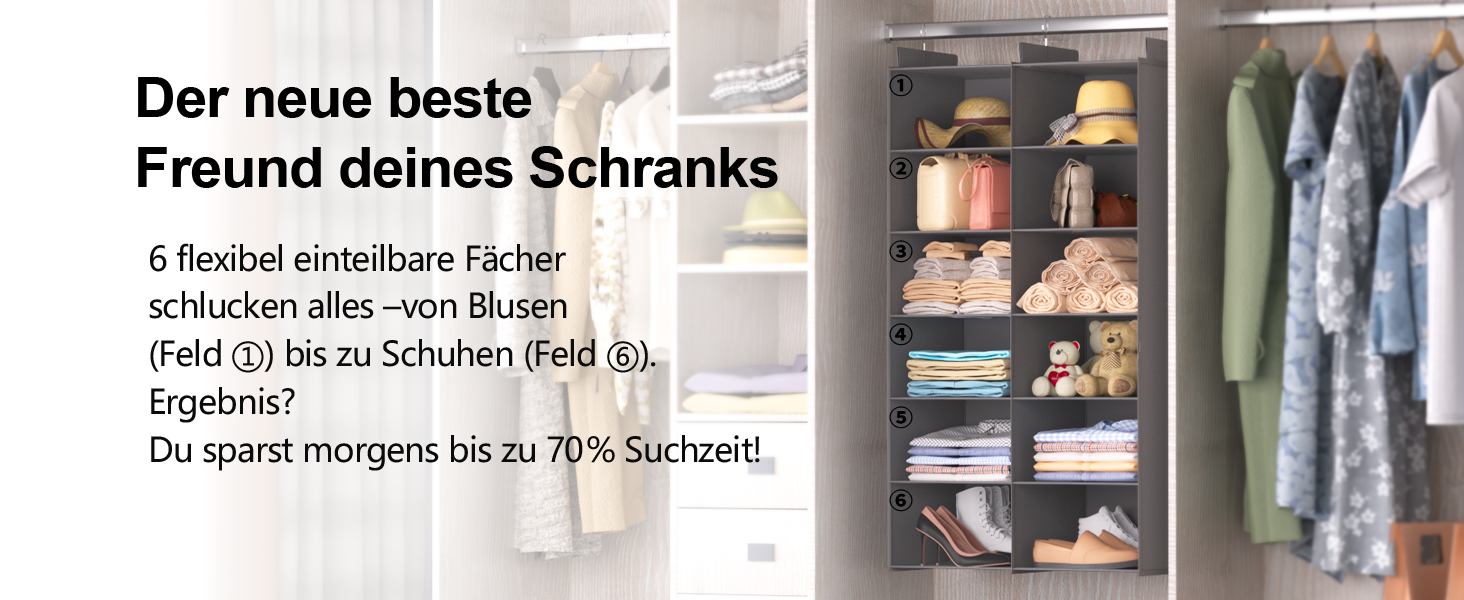 Організатор для шафи з 6 полицями, сірий - для одягу, з металевими гачками, компактний, для спальні, гуртожитку