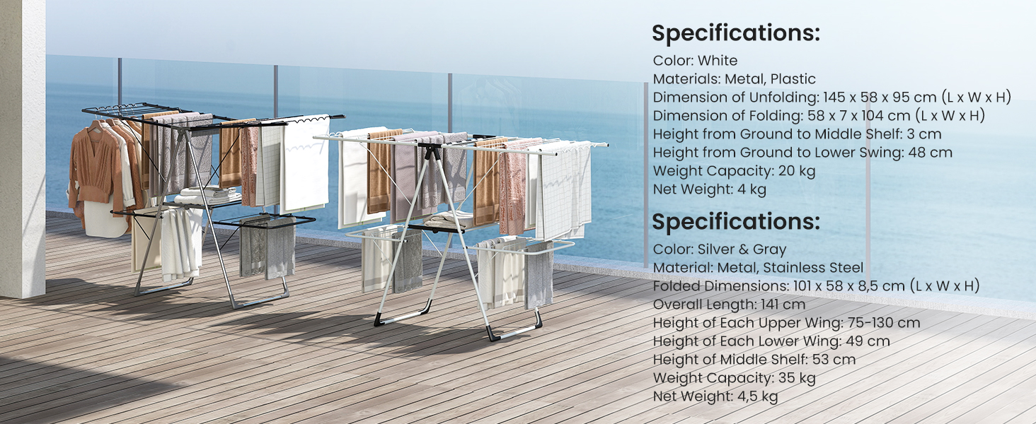 Стійка для сушіння білизни HOMASIS, розкладна, з 2 крилами, регульована, 6 рівнів, з вішалкою та прищіпками, для балкону (біла)
