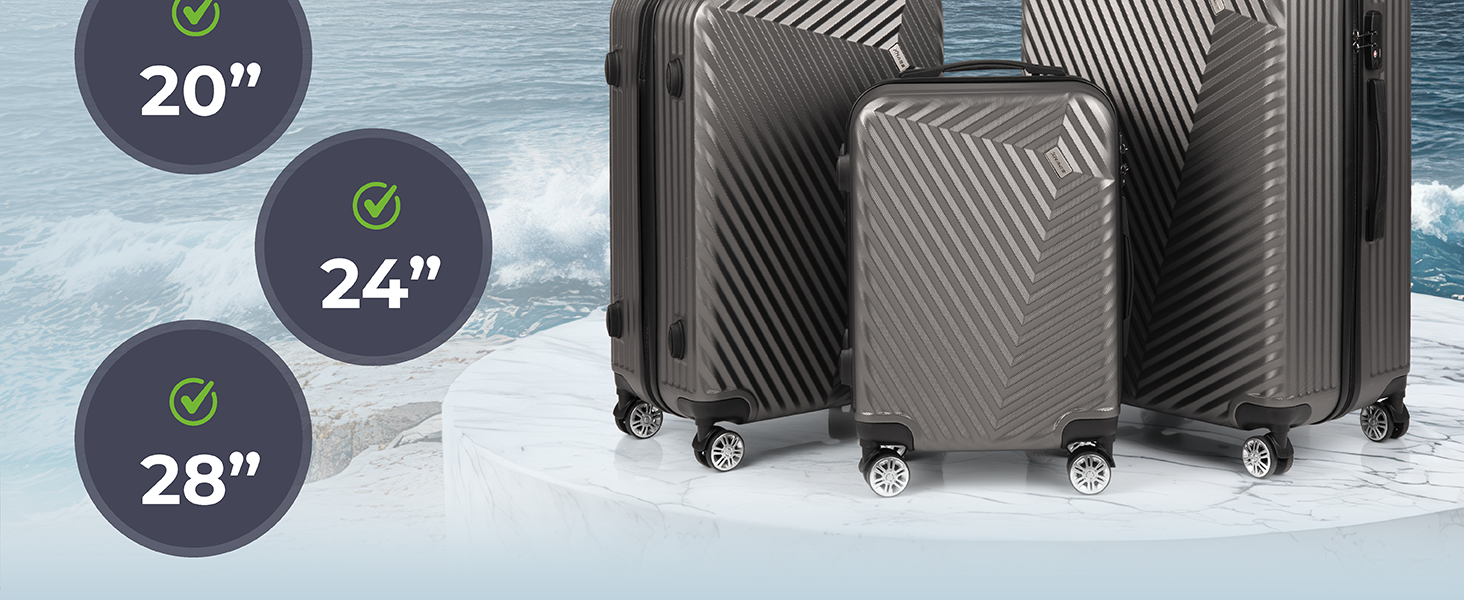 Набір валіз xRace 3 шт. ABS, 20/24/28 дюймів, ручна поклажа, TSA замок, 360° колеса, стійкий до ударів, преміум підкладка (темно-сірий)