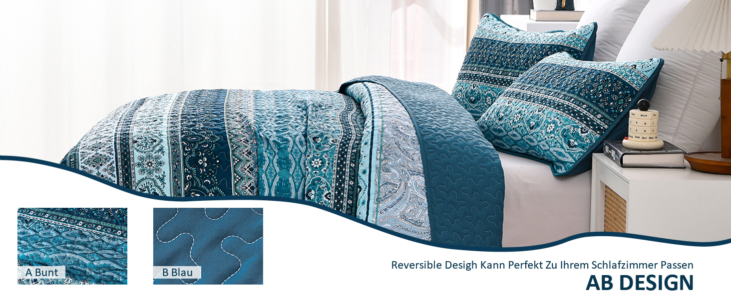 Покривало WONGS BEDDING 220x240 см, стьобане, комплект 3-в-1, мікрофібра, бохо стиль, темно-синє, з 2 наволочками 50x70 см, для двоспального ліжка або дивану