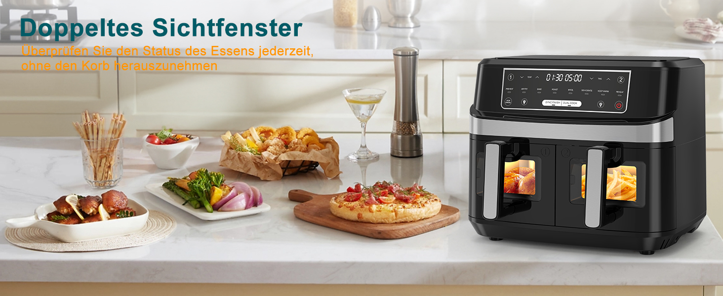 Фритюрниця без олії з 2 камерами, 10л, XXL, 8-в-1, сенсорний екран, таймер, для здорового харчування