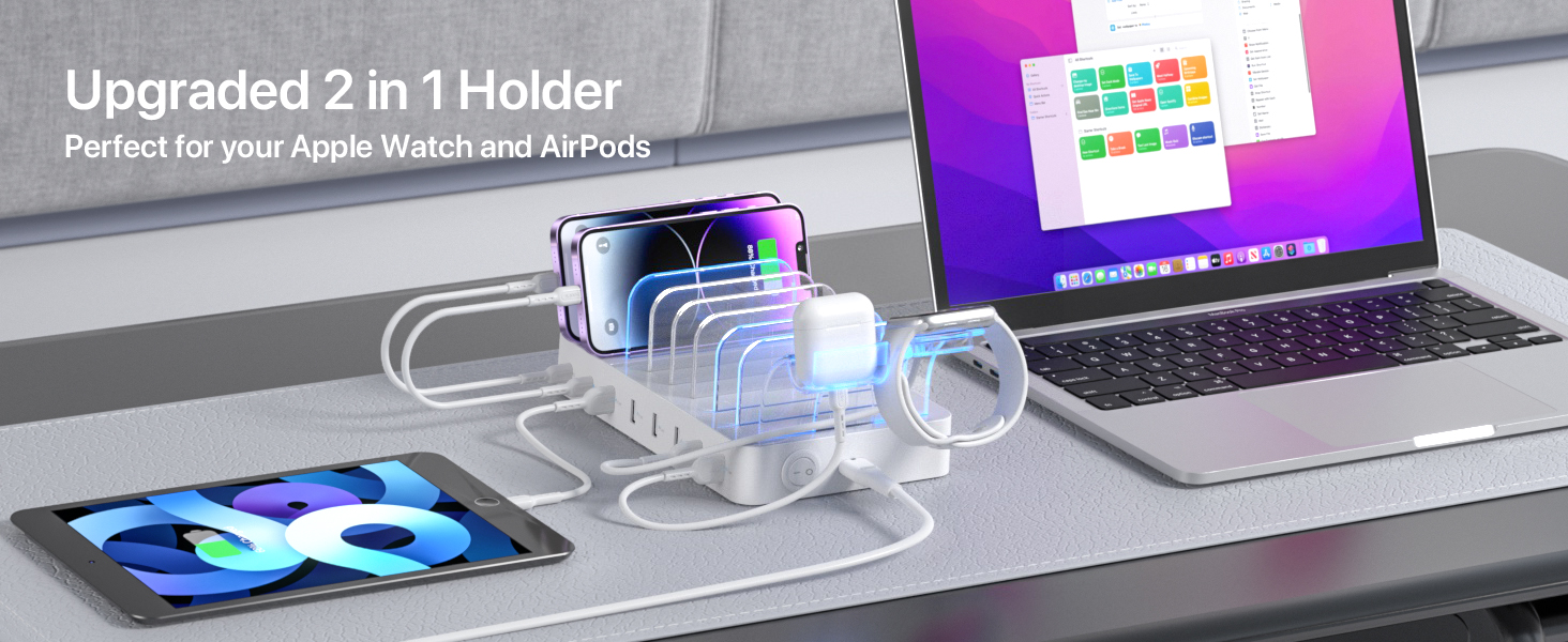 SooPii Зарядна станція USB-C 8 портів з PD 20W, кабель USB 8 шт., тримач для Apple Watch та AirPods - Біла