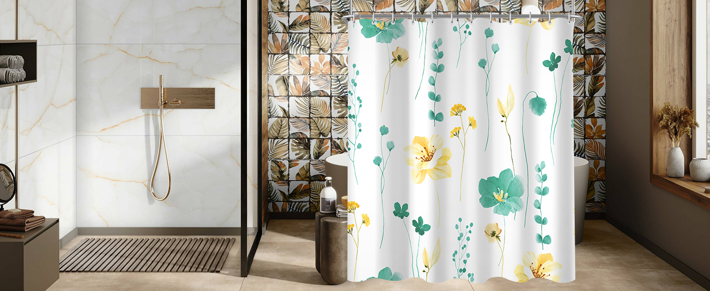 Штора для ванної кімнати 240x200 см, квіти, антигрибкова, водовідштовхувальна, поліестер, з кільцями для душу (М'ятний)