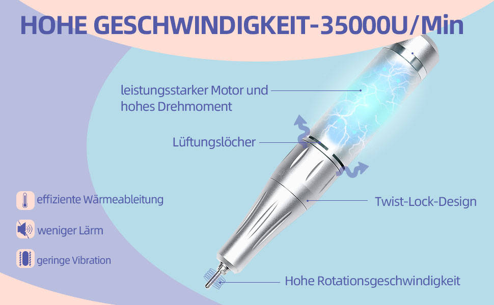 Електричний фрезер для манікюру та педикюру Delanie з акумулятором, 35000 об/хв, для гелю, акрилу, видалення кутикули, LED-дисплей, USB-зарядка (сріблястий)