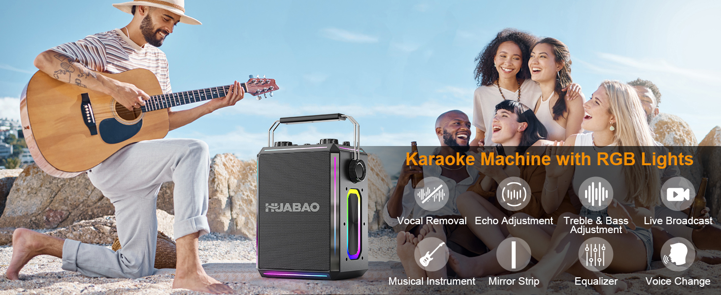 Портативна Bluetooth-колонка караоке з 2 бездротовими мікрофонами, RGB-підсвічуванням, регулюванням високих та низьких частот, ефектами голосу, AUX/USB/TF/OTG, 6.5 мм роз'єм, для вечірок (білий/чорний)