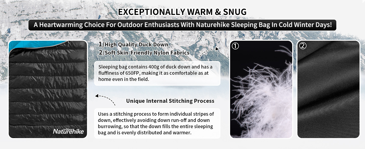 Спальний мішок Naturehike 750FP, 4-сезонний, теплий зимовий, ультралегкий, компактний, з компресійним мішком, CW400-Чорний-L