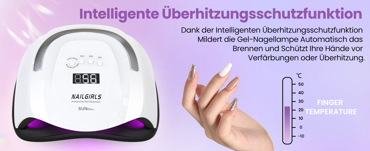 LED UV лампа для нігтів NAILGIRLS 150W з таймером, автосенсором та LCD дисплеєм. Підходить для гелевих нігтів пальців та ніг. Знімний магнітний майданчик.