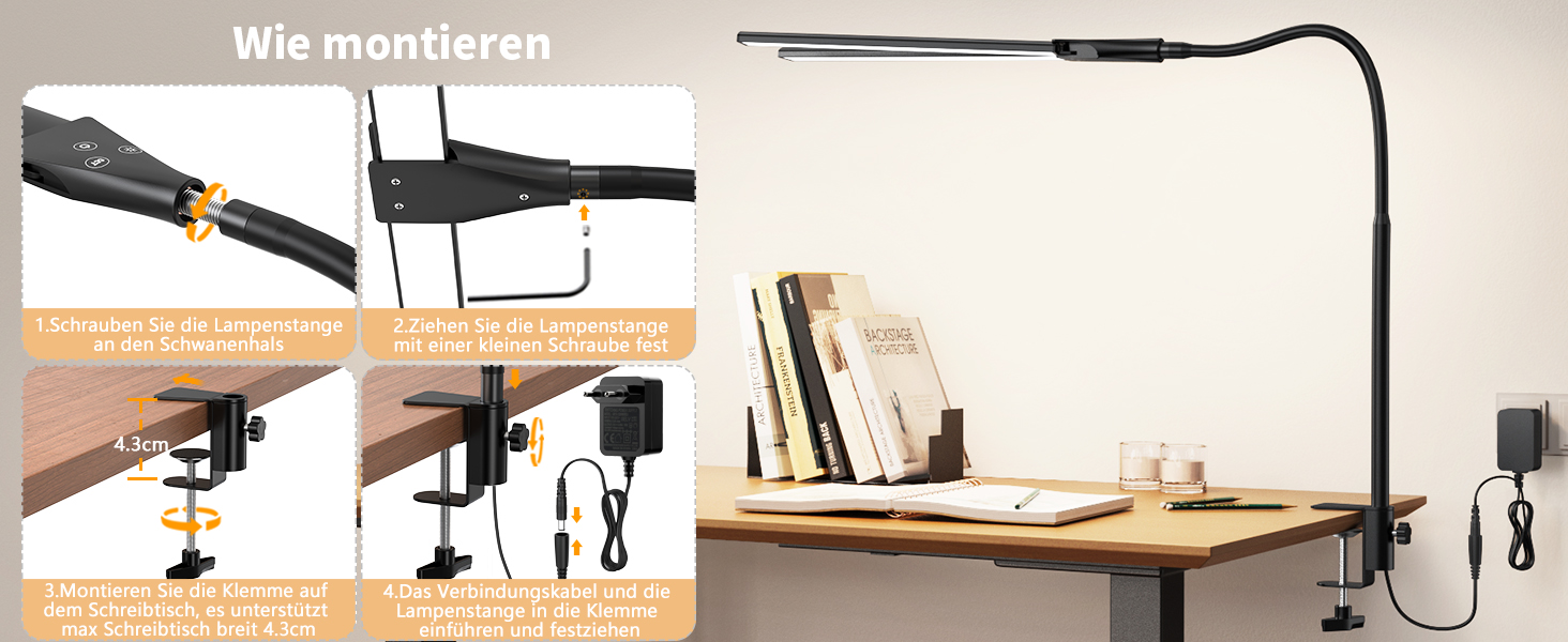 LED Desk Lamp with Adjustable Gooseneck - Dual Head, 1200 Lumens, Eye Protection for Home Office & Study - Black with 5 Color Temperature/Brightness Levels