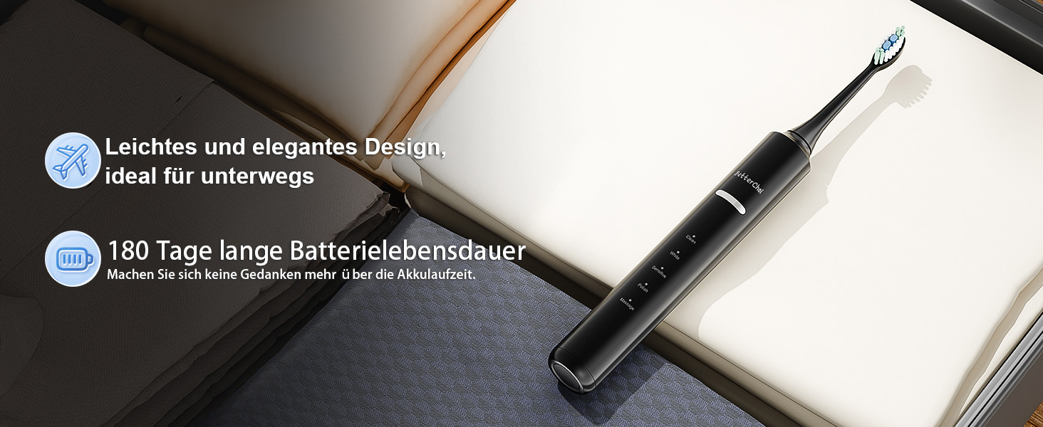 Електрична зубна щітка Betterchoi з магнітною левітацією, 41 000 VPM, 4 насадки, IPX7, 180 днів роботи від акумулятора, 5 режимів, таймер, чорний колір