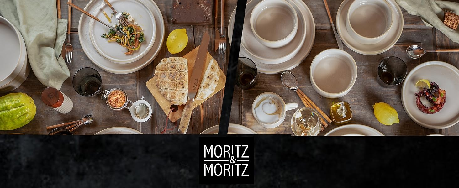 Набір посуду Moritz & Moritz CASTELLO на 4 особи (20 предметів) - керамічний посуд бежевого кольору (4 тарілки, 4 десертні тарілки, 4 супові тарілки, 4 миски, 4 чашки)