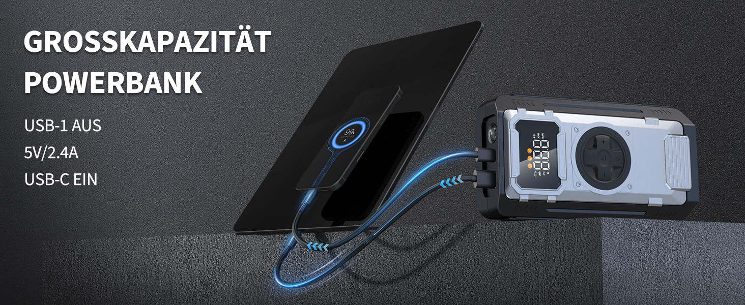 Powerbank-пусковий пристрій Acmount 6000A для авто: 12V, USB, LCD-дисплей (срібний)