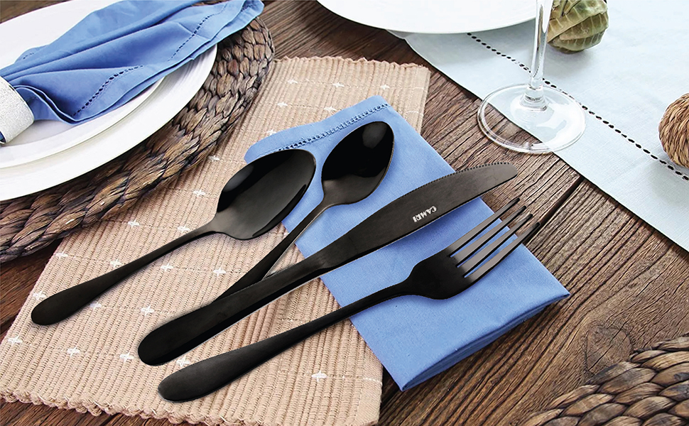 Набір столових приборів CAMRI – 16 предметів з нержавіючої сталі, столовий набір, ножі, виделки, ложки, набір для 4 осіб, придатний для миття в посудомийній машині, чорний матовий/дзеркальний дизайн