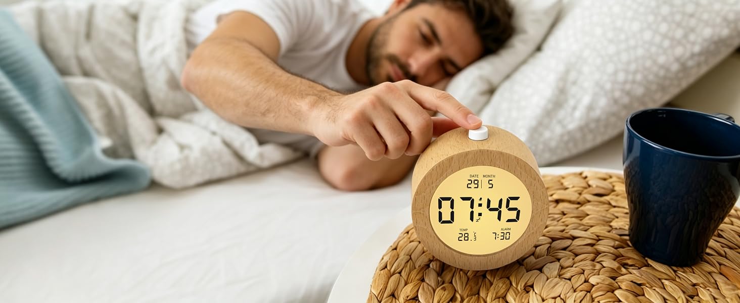 Цифровий будильник aboveClock з дерев'яним корпусом: LCD-дисплей з температурою та датою, функція Snooze, підсвічування, для спальні