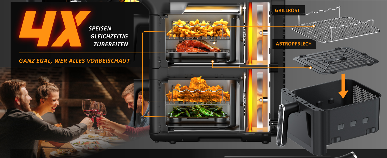 Фритюрниця Arendo з гарячим повітрям XXL Dual Zone з 2 камерами – 11 л – 2 зони – Airfryer з подвійними камерами та вікном – 6 програм – Без BPA – 3D циркуляція повітря – Функції Sync та Match A: 11 літрів