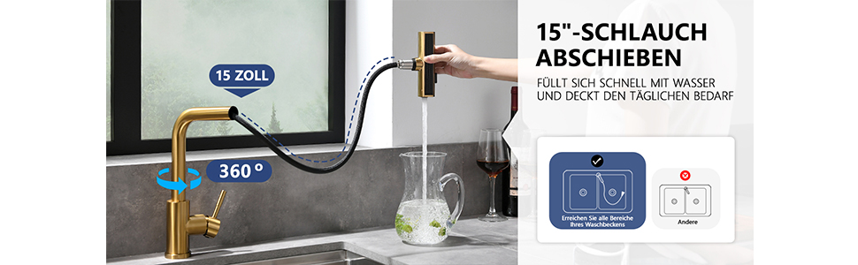 Кухонний змішувач AIMADI висувний, чорний, з 3-х режимною лійкою та 38 см шлангом, однорідний, для холодної та гарячої води, підходить для раковини та кухонного острова. Змішувач для кухні з водоспадом, чорний.