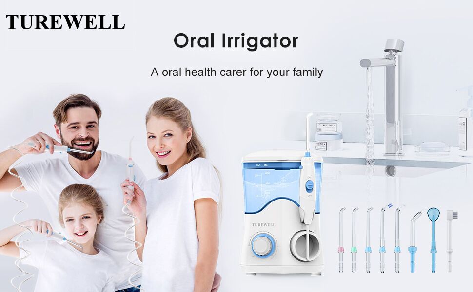 Електрична зубна іригатор TUREWELL, професійна модель з 10 рівнями тиску води, об'ємом 600 мл та 8 насадок, білий