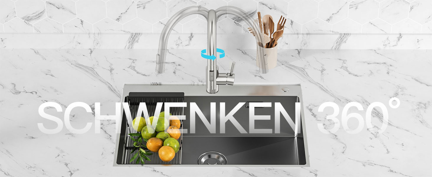 Кран кухонний Rainsworth з висувною лійкою та душем, 360° поворот, нержавіюча сталь, висота 56 см