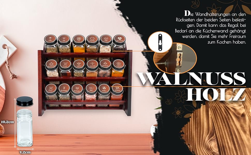 Elegant dark spice rack, wood, standing & wall mounted. 18 SPICE JARS, 25 LABELS. Spice organizer, spice rack, kitchen shelf, wood, vintage. Spice rack - spice rack system hanging - spice storage