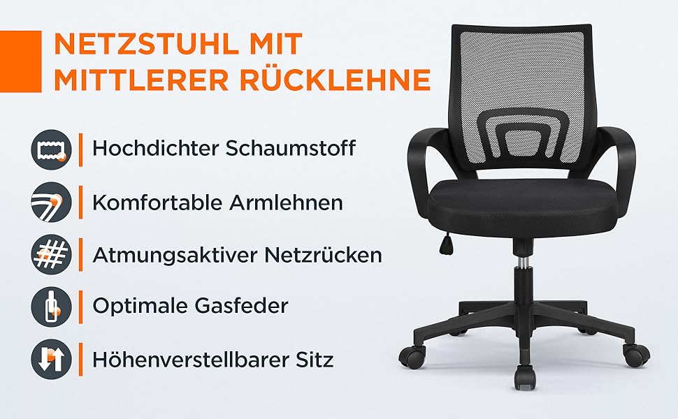 Офісне крісло Yaheetech ергономічне, з сітчастою спинкою та підлокітниками, поворотне, для начальника, з функцією гойдання, регульоване по висоті, підходить для ваги до 136 кг, чорне