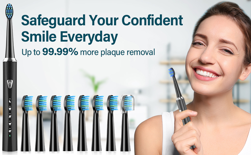 Електрична зубна щітка Coulax для дорослих та дітей, 8 насадок, 5 режимів, таймер 2 хв, чорний