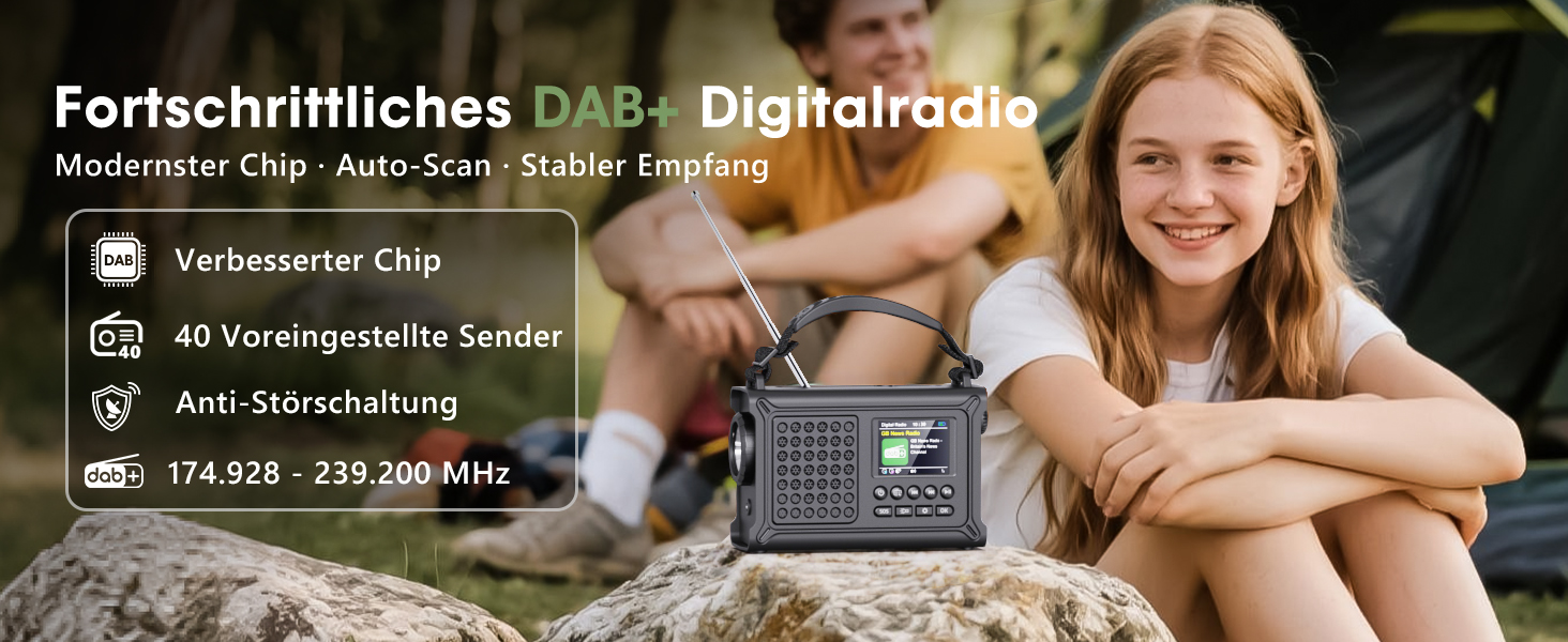 ROCAM Радіоприймач на ручку DAB+/UKW, портативне аварійне радіо з сонячною панеллю 8500 мм² та ручкою 650 мА, цифрове радіо з Bluetooth, 2.4' кольоровий дисплей, 80 станцій, SOS, LED ліхтарик, USB, IPX6 для кемпінгу, чорний