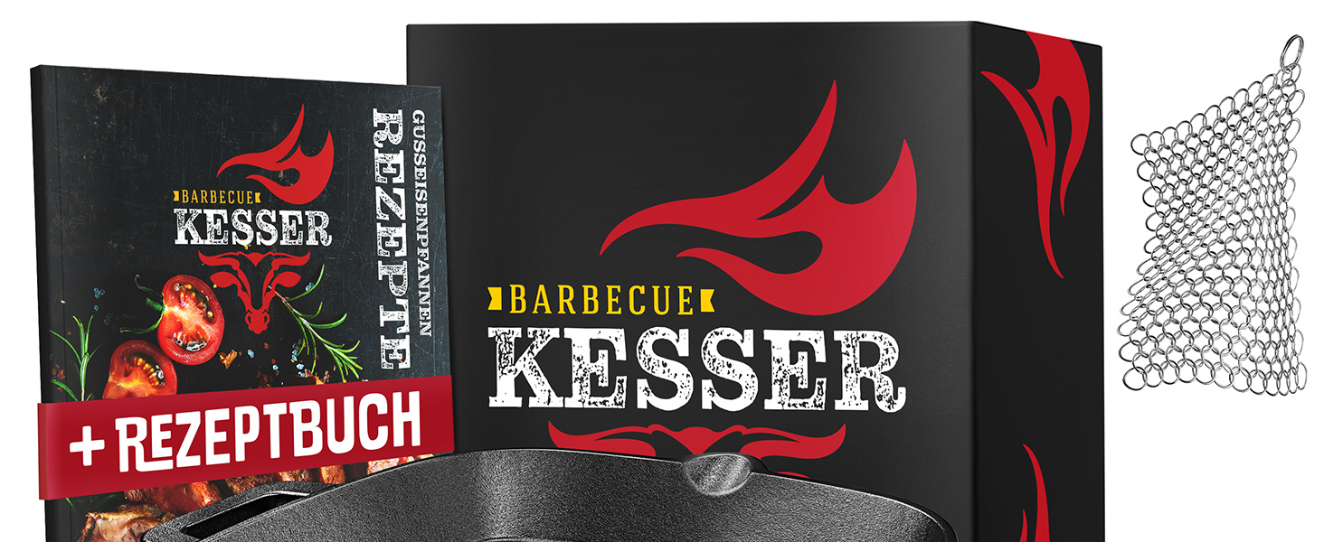 Чавунна сковорода-гриль KESSER® 26 см для індукції, газу, духовки та вугільного гриля | Сковорода для стейків з захисними ручками, кухонна книга та очищувач