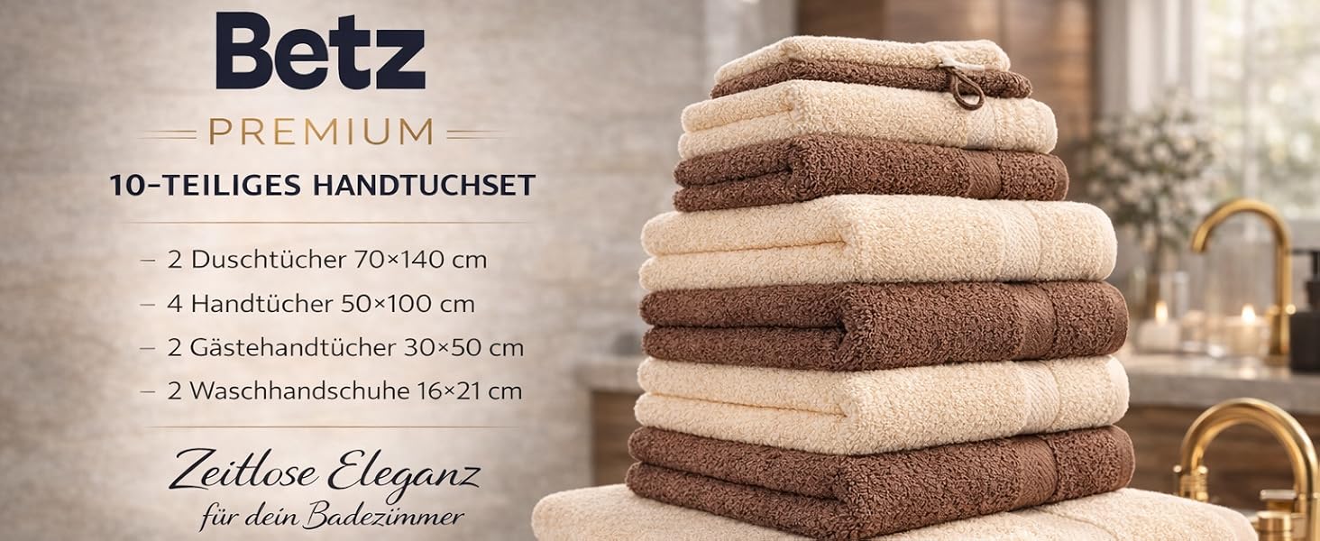 Набір махрових рушників Betz Premium 10 предметів, 100% бавовна, 470 г/м², Oeko-TEX, Колір: горіховий коричневий та бежевий (2 банні, 4 середні, 2 гостьові рушники, 2 рукавички)