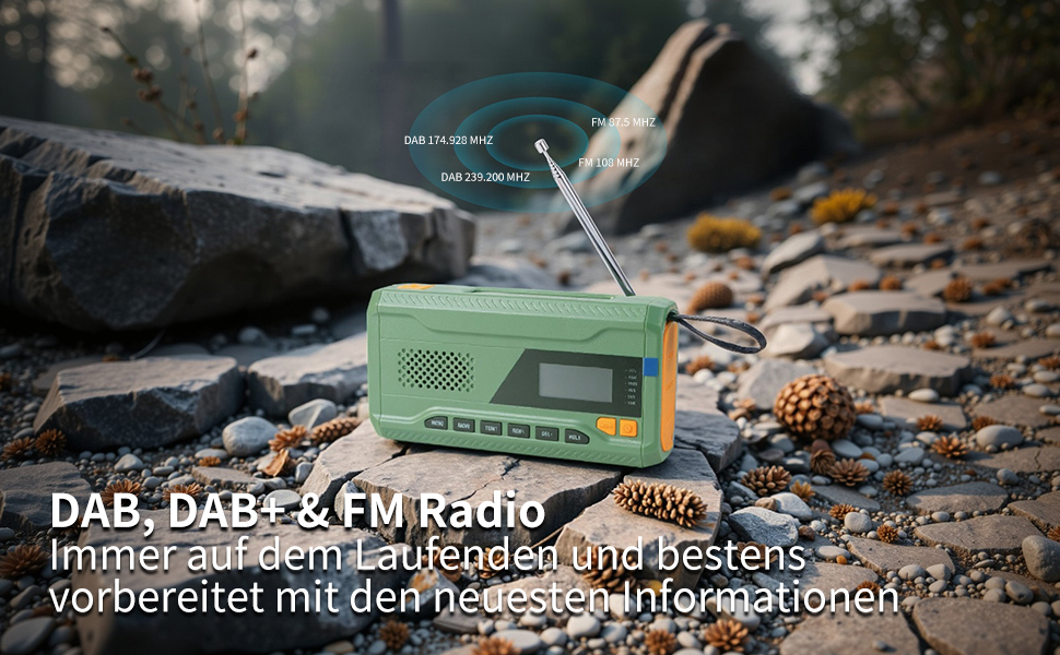 Радіо Alika для надзвичайних ситуацій: радіо з ручним приводом, FM/DAB+/DAB, сонячне, з Powerbank 4000mAh, зарядкою для телефону, USB, SOS-сигналом, ліхтарик (3 режими), для відпочинку на природі, кемпінгу (армійний колір)