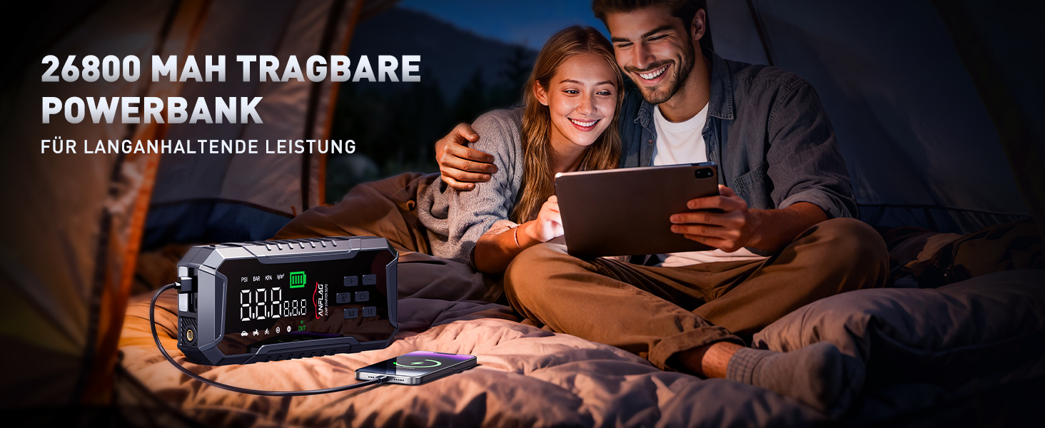 Портативний пусковий пристрій ANFLAG 7000A з компресором та LED-ліхтариком, 26800mAh, для бензинових та дизельних двигунів (до 12.0L)