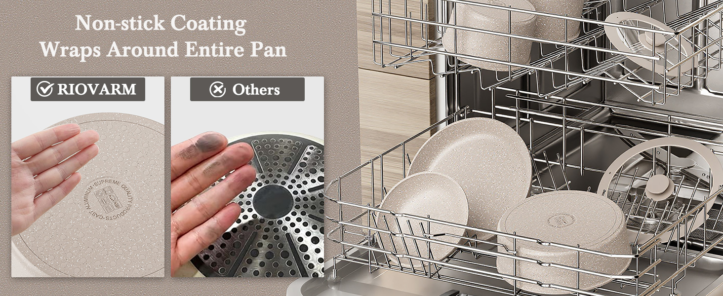 Набір посуду RIOVARM з індукційним дном, 15 предметів: каструлі та сковороди з антипригарним гранітним покриттям та знімними ручками, кришки з силікону. Без PFOA.