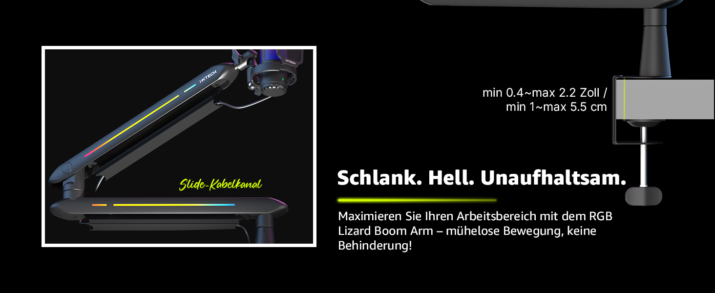 Кріплення для мікрофона IXTECH RGB Low Profile з регулюванням, настільний стійка з кріпленням, поворотний мікрофонний тримач з кабельною організацією для стрімінгу та подкастів, 4 ящірки RGB