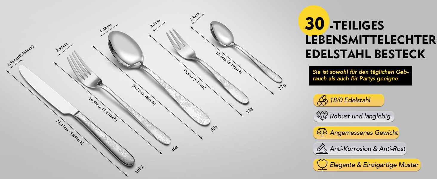 Набір столових приборів EIUBUIE з нержавіючої сталі 30 предметів, з квітковим малюнком, полірований, для 6 осіб, для дому та вечірок, можна мити в посудомийній машині