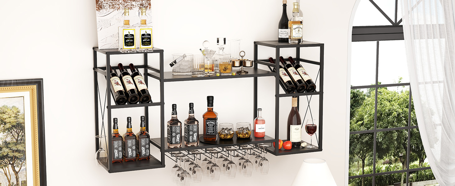 Настінна вітрина для вина UYOYOUS на 2 яруси з металу, 120 см, з 6 тримачами для келихів, барна вітрина для винних пляшок, підвісна вітрина для спиртних напоїв для дому, кухні, їдальні, ресторану, чорна