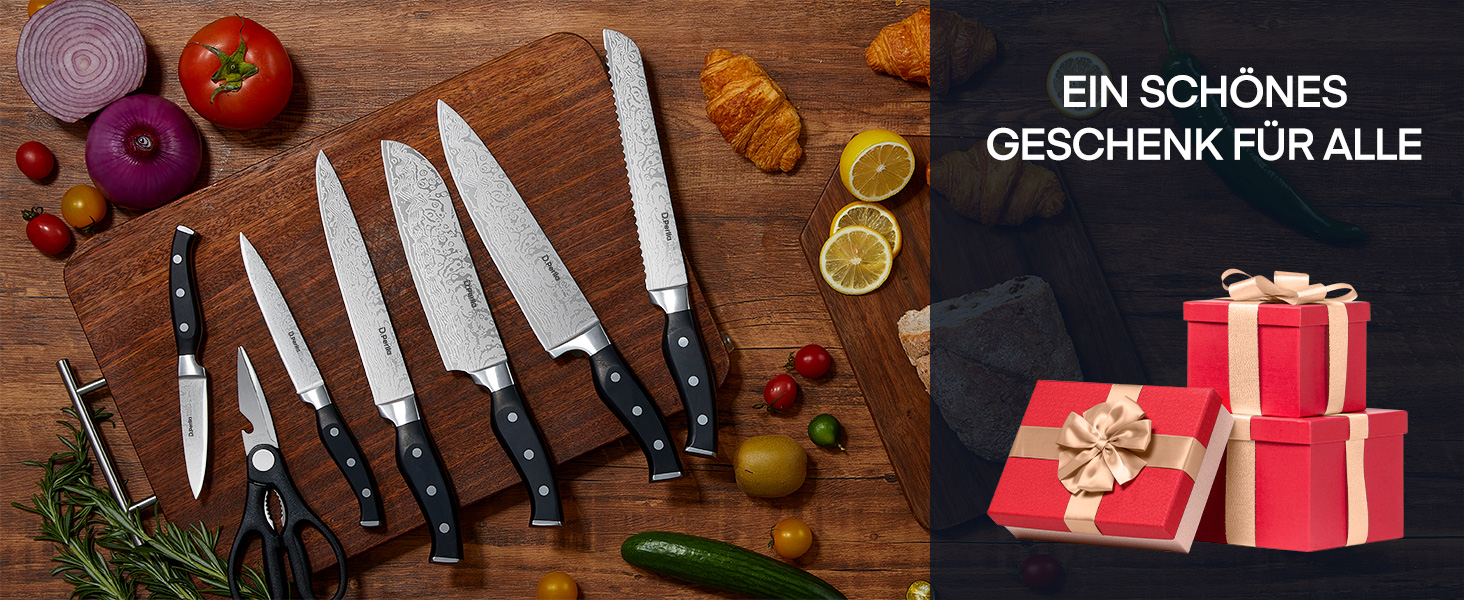 D.Perlla Self-Sharpening Knife Block Set - 14 Piece Stainless Steel Knife Set with Plastic Handle & Wood Block - Professional Kitchen Knife Set