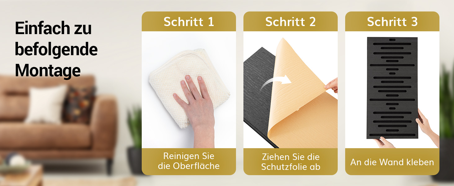 Акустичні панелі TONOR з дерев'яним шпоном, самоклеючі (4 шт, 60x30x4.7 см), звукопоглинаючі стінові панелі для обробки та декору вітальні або офісу, чорні
