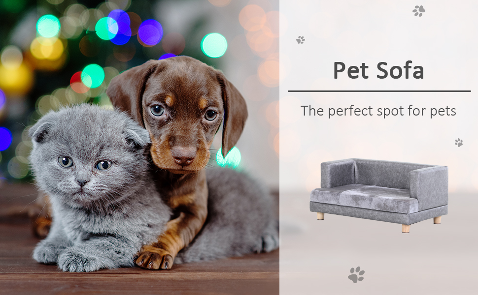 PawHut Собаче ліжко-диван для собак та котів з дерев'яним каркасом, плюшевий чохол, подушка з піною, 68 x 41 x 32 см