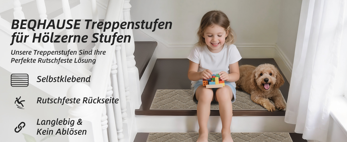 Килимки на сходи BEQHAUSE, 4 шт, 22x70 см, бежеві, антиковзкі, для дітей та літніх людей, машинне прання, TPE основа