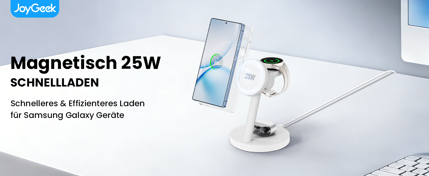 Зарядна станція JoyGeek 4-в-1 з магнітною індуктивною зарядкою 25W для Samsung Galaxy S26/S25/Ultra/Z Fold/Flip 7, годинників Watch 8-5/Ultra та навушників Buds 4-2/Pro (біла)
