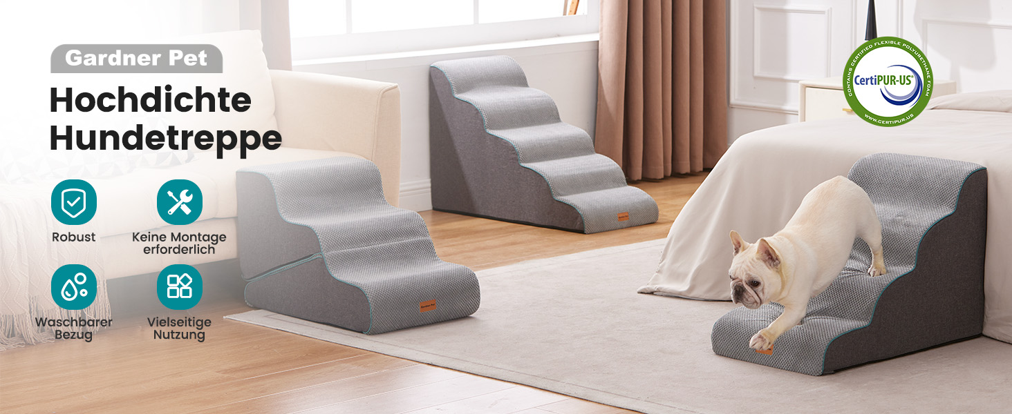 Сходинки для собак Gardner Pet: 3 сходинки, 35/42 см, сірий колір. Зручні для маленьких собак, з водонепроникним покриттям та протиковзким матеріалом. Підходять для ліжка, дивану, крісла.