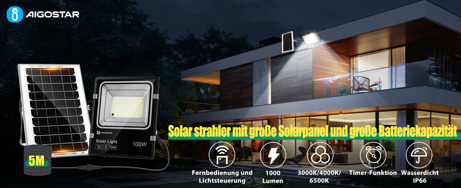 Сонячний LED прожектор Aigostar для вулиці з великим сонячним панелем, 5 м кабелем, регульованою яскравістю (3000K/4500K/6500K), акумулятором 8000mAh, IP66, для саду, з пультом керування